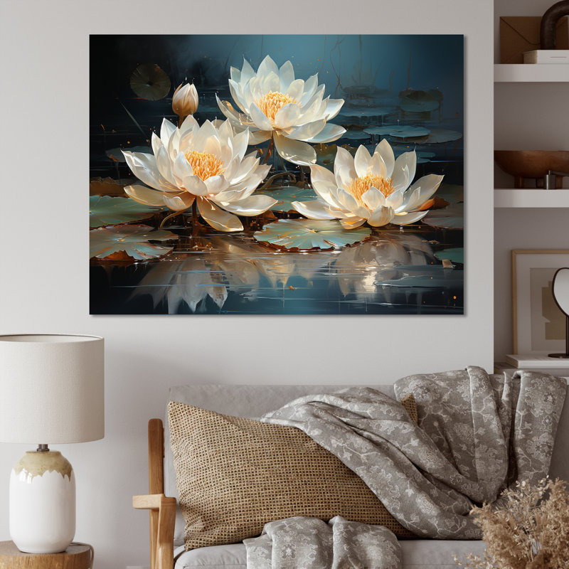 Fleurs de lotus baignées au clair de lune - Art sur toile de lotus, Toile tendue, H 24 po x l 32 po x P 1 po
