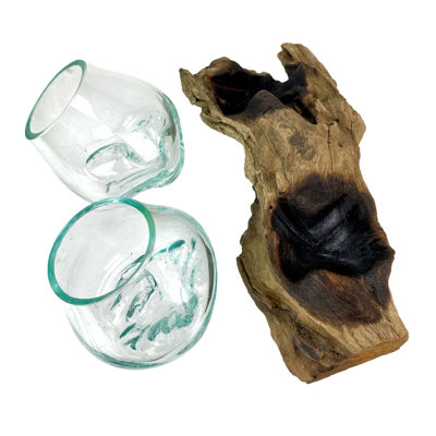 Coastal hand blown molten glass double bowl and natural driftwood centerpiece, 10.5 inches wide