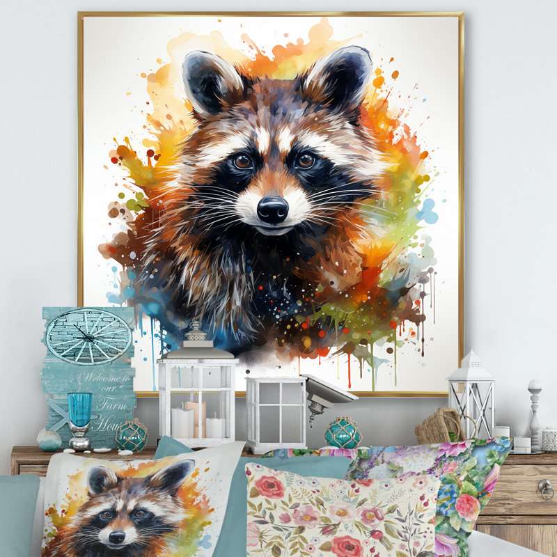 «Black and Orange Racoon Curious Explorer - Raton laveur», art mural, Cadre flottant doré, 36" H x 36" W