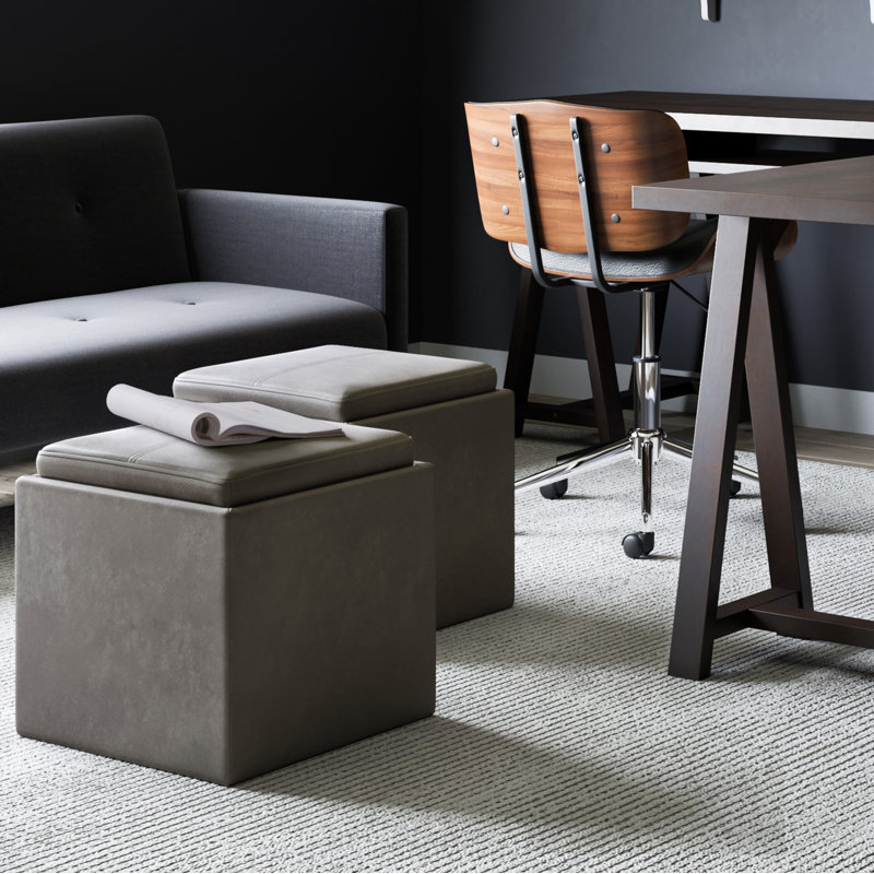 Repose-pieds carré contemporain avec rangement en cuir végétalien et plateau basculant Rockwood