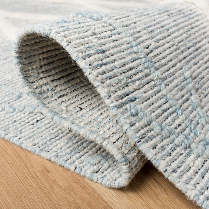 Vermont Hand Loomed Wool/Cotton Southwestern Rug in Ivory/Blue, Rectangle 8' x 10'