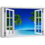 Fenêtre de paysage «Window View Neon Palm Tree Blue Ocean Beach Horizon Nature Images Scenic Landscape» sur toile-98448506
