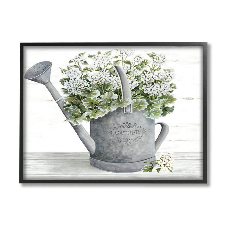 "Country Watering Can Bouquet" par Cindy Jacobs - Cadre flottant, impression sur bois, Giclée encadrée noir minuit