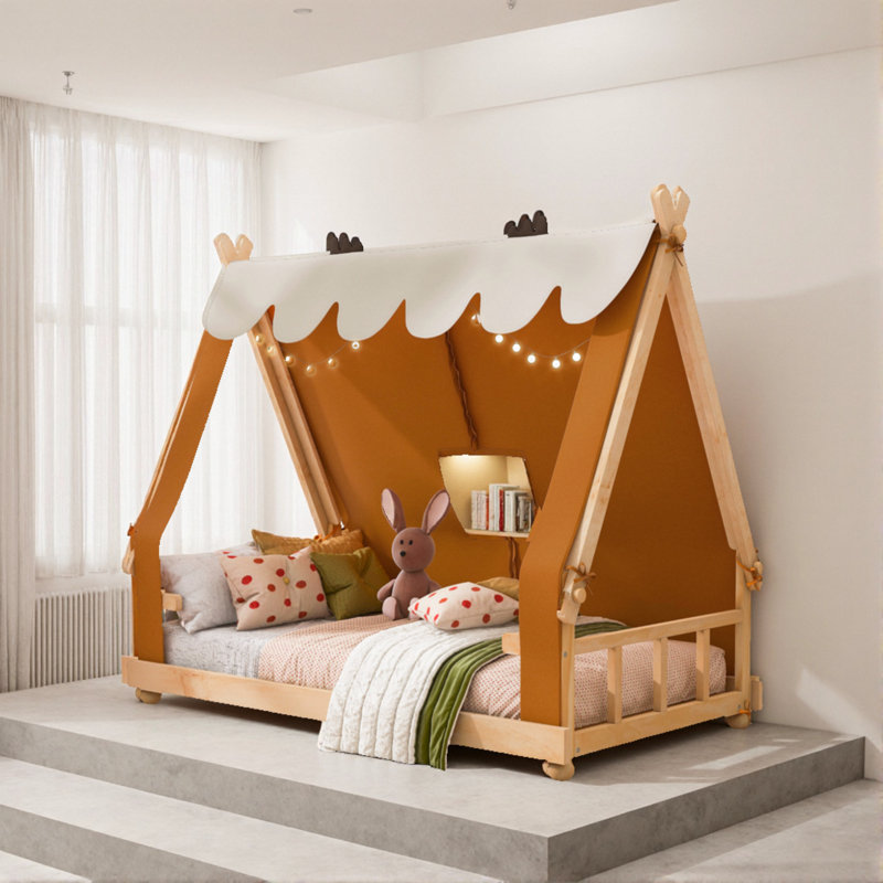 Full Size House-Shaped Bed With Delicate Tent, Brown/Natural, Full