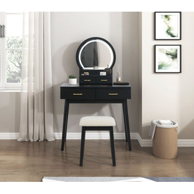 Luxury Black Finish Vanity Dresser with LED-Lighted Mirror and Storage Drawers, Complete with Padded Stool
