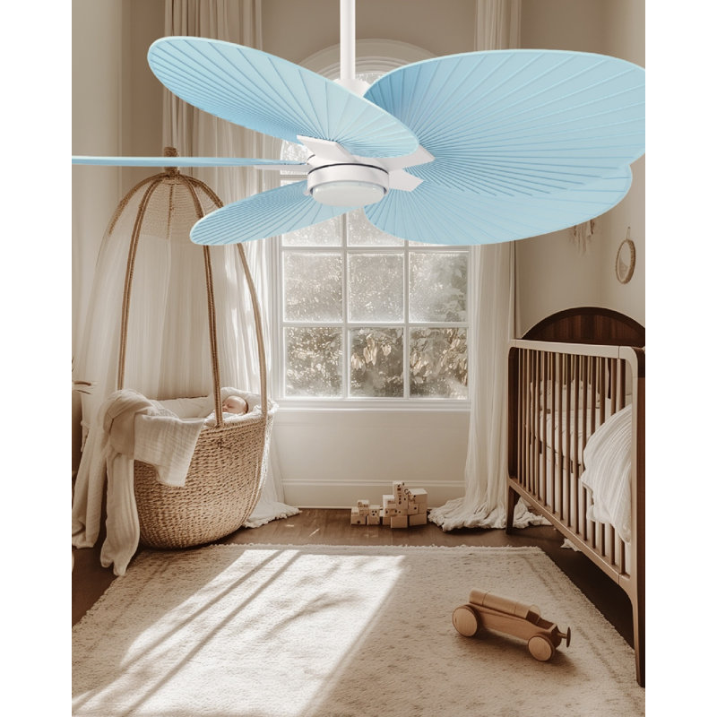 Alessandra Tropical - Five Blade Ceiling Fan - Integrated LED -Matte Black Finish -Light Blue Blades, Matte White, Light Blue