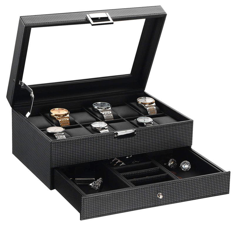 Watch Box Organizer 12 Slot Watch Case With Valet Drawer, Mens Watch Display Cases For Men