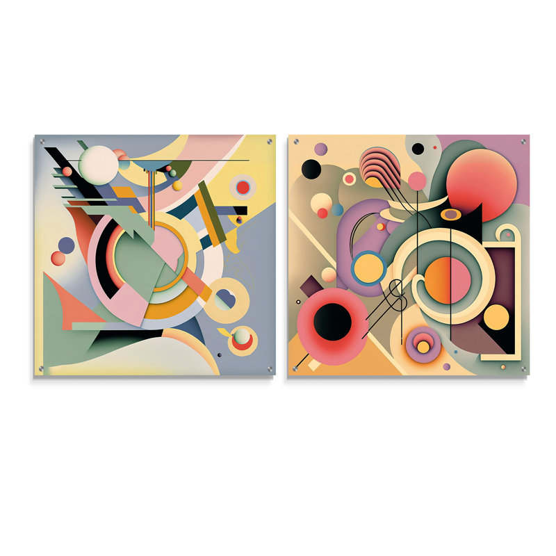 Pastel Art déco III - Ensemble de 2 verres muraux abstraits géométriques en acrylique, H 16 po x l 33 po