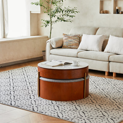 31.5'' Mid-Century Modern Lift-Top Coffee Table,  Round Coffee Table Set with White Sintered Stone Tabletop, 3 Nesting Storage Stools and Hidden Compartment, Walnut