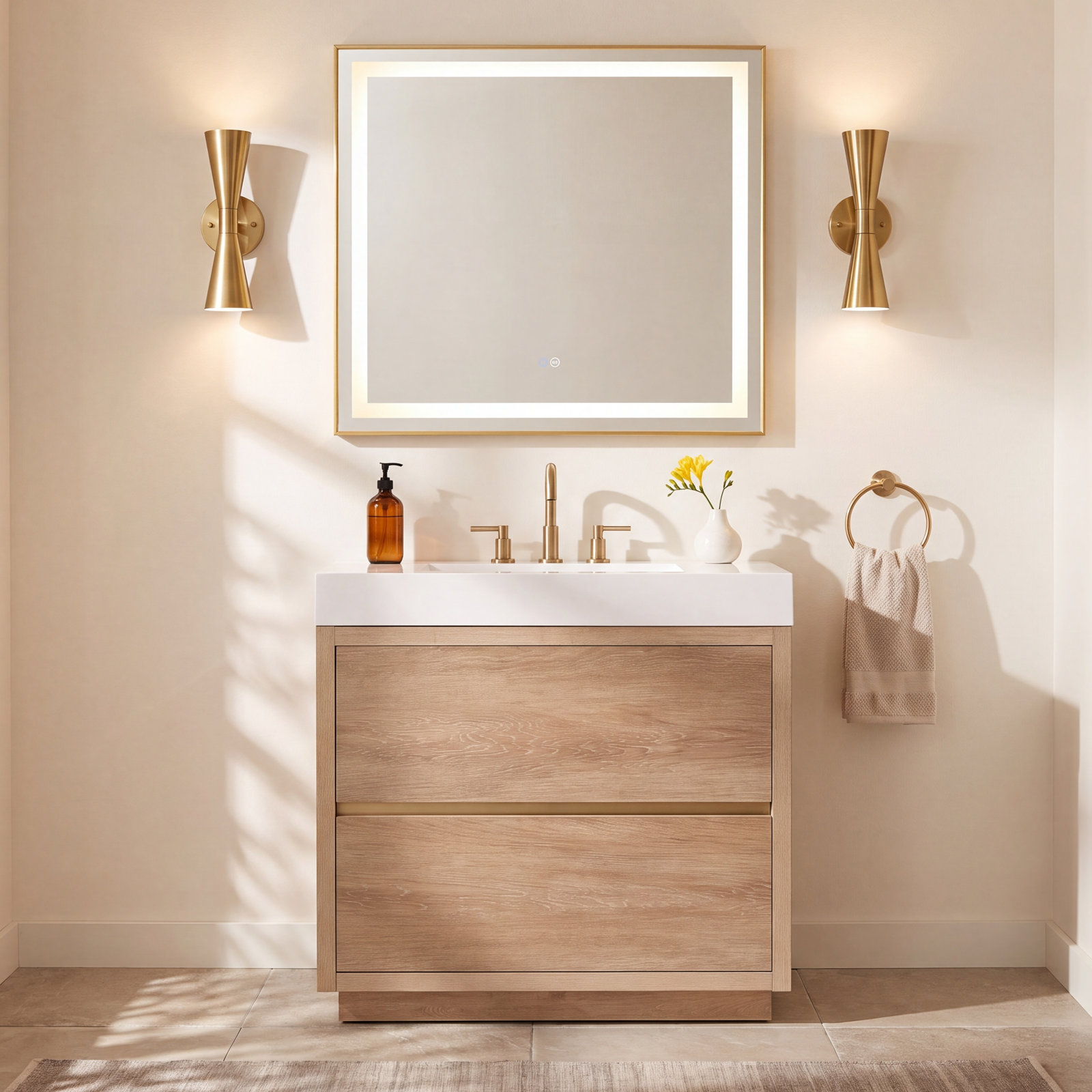 Beira Single Bathroom Vanity, North American Oak, White, 36"