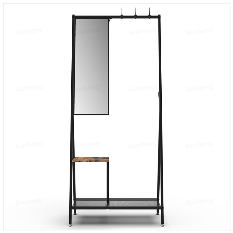 Portemanteau multifonctionnel avec miroir intégré et rangement pour chaussures, cadre en aluminium pour l'organisation élégante du vestibule, brun rustique