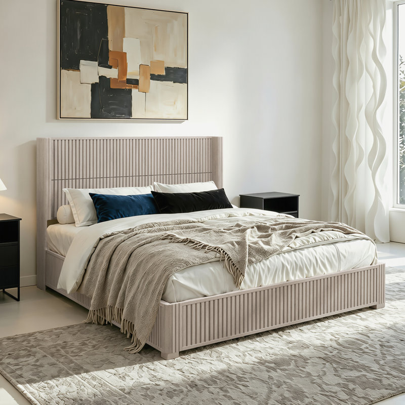 Structure de lit plateforme en bois massif avec tête de lit, aucun sommier nécessaire, lit sur pied, assemblage facile, grand lit, beige