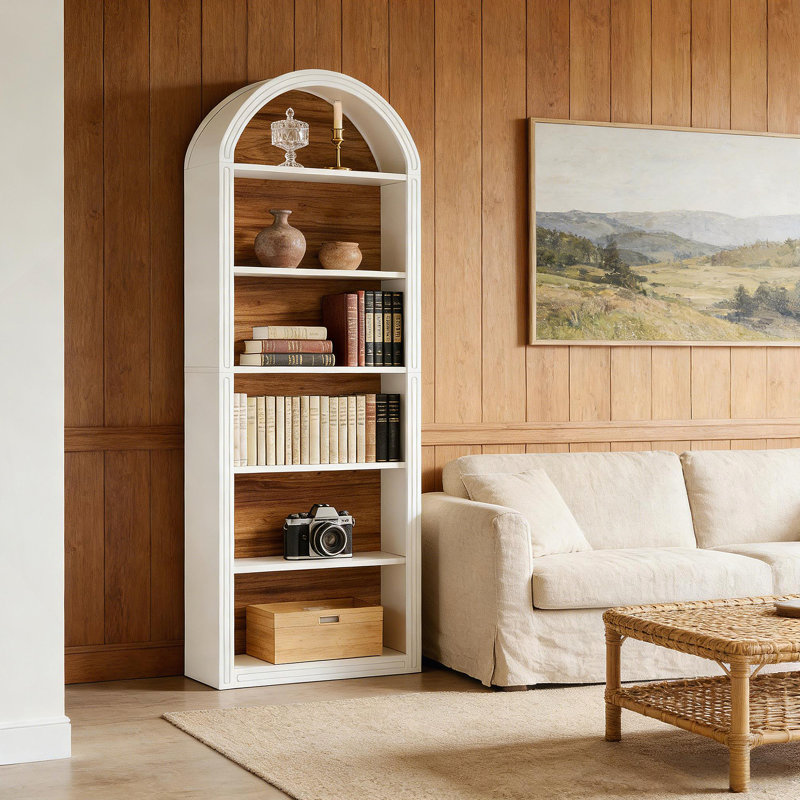 Storage Display Shelf,Elegant Arch Design Bookshelf, (6 Shelves) 77.22"H x 31.52"W x 11.82"D, White