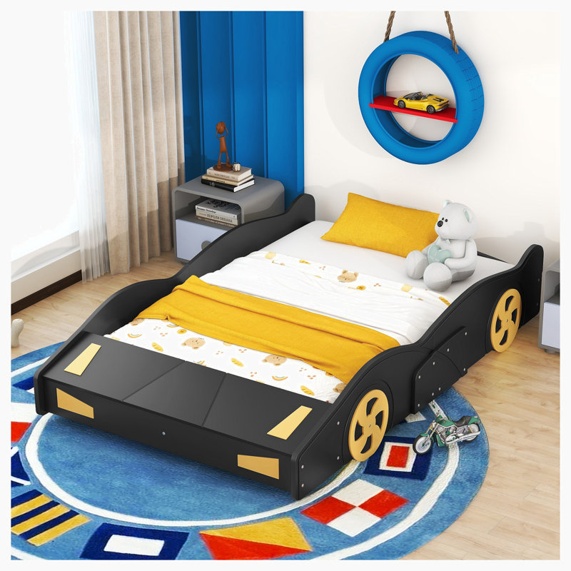 Lorden Twin Size Race Car-Shaped Platform Bed, Black/Yellow, Twin
