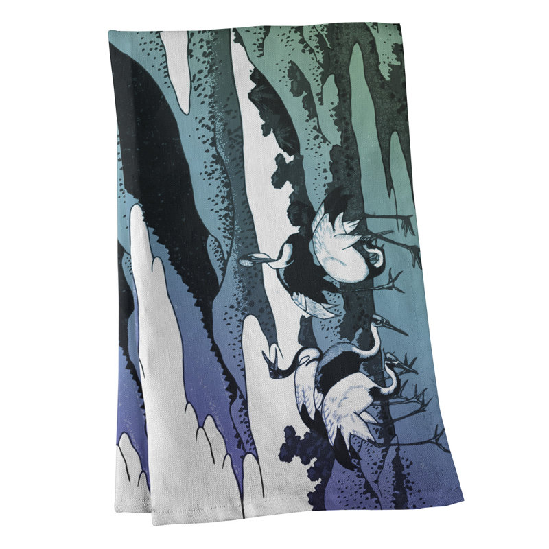 Serviette de thé japonaise grues, Polyester sergé, Vert foncé