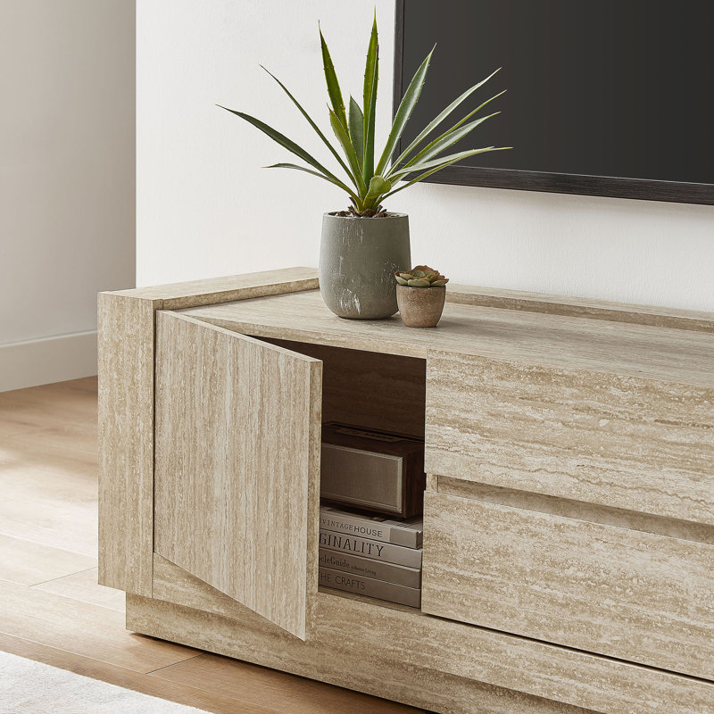 Hollis 59" Light Brown Travertine Laminate TV Stand with Cabinet