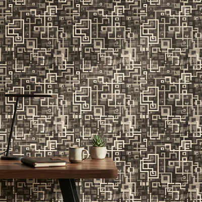 Papier peint géométrique foncé à motif de labyrinthe de carrés abstraits