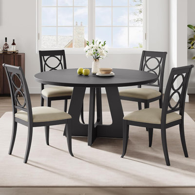 Round Dining Table Set For 4 To 6, Farmhouse Kitchen Table With Wooden Top And Pedestal Base, Circle Dinner Table For Dining Room, Kitchen Room - Black (No Chairs)