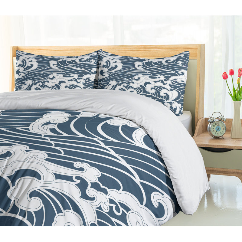 Slate Blue and White Japanese Wave Queen Duvet Cover Set