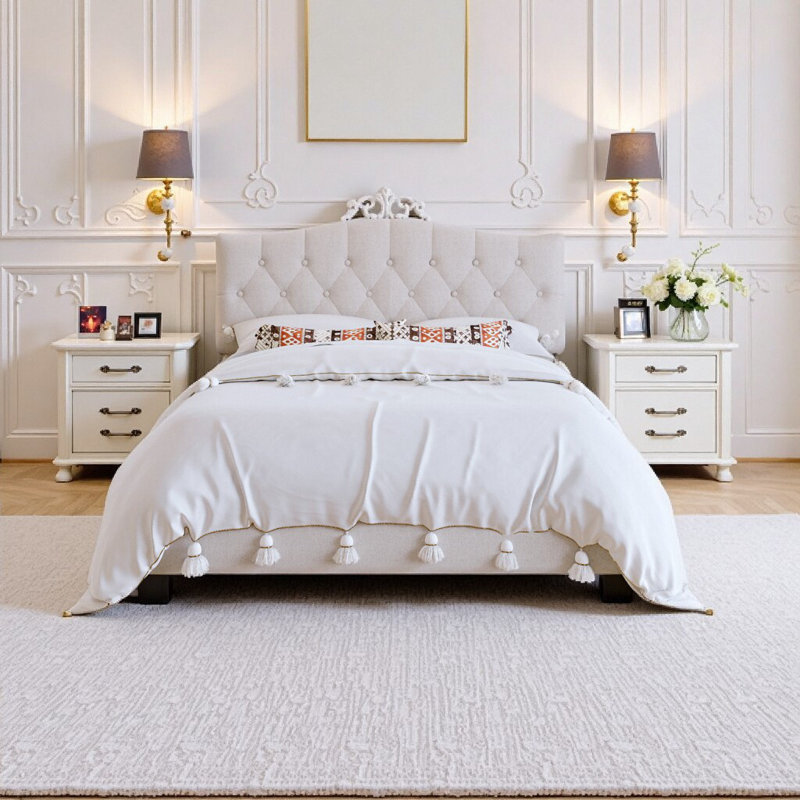 Luxury Beige Upholstered Queen Bed with Adjustable Saddle Headboard & Diamond Tufted Design - No Box Spring Required, Queen