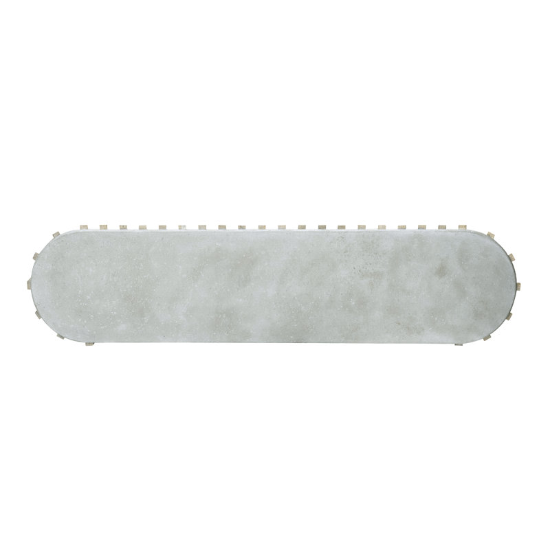 Beige and Gray Wood Slat Display Console with Concrete Top