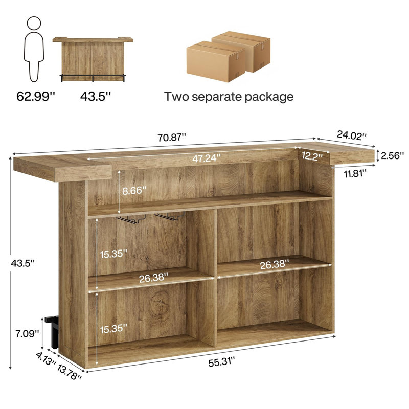 Meuble-bar à quatre niveaux de 180 cm (70,9 po) avec porte-verres à vin et repose-pieds, brun clair, Light Brown