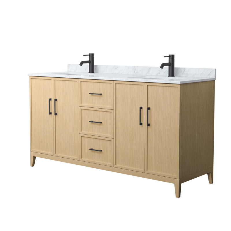 Elan Double Bathroom Vanity with Marble Top, Matte Black, Tan, 66"