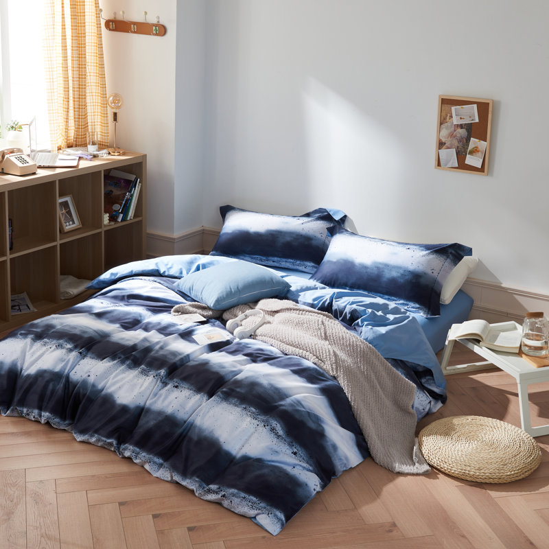 Manolla 100% Long-Staple Cotton Duvet Cover Set Navy & White Striped Watercolor Pattern Printed Comforter Cover 3pcs, Ultra Soft & Breathable Bedding Set