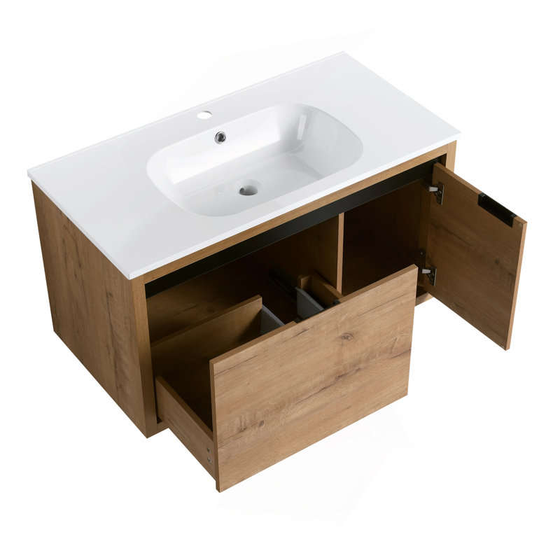 Meuble-lavabo mural 36 po avec lavabo gel, Imitation chêne