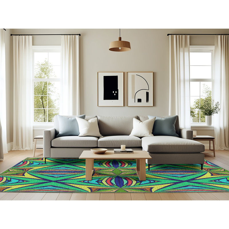 Tapis vert/bleu/jaune tissé à la machine, Rectangle 6 pi x 9 pi