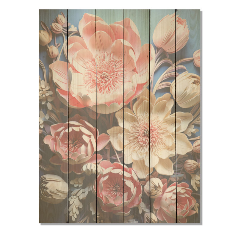 Tulipes Neon Bloom Collage I - Tulipes, panneau mural en bois sur bois de pin naturel, H 40 po x l 30 po