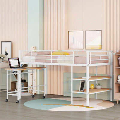 Twin Size Metal Loft Bed With Desk And Shelves (Bed)