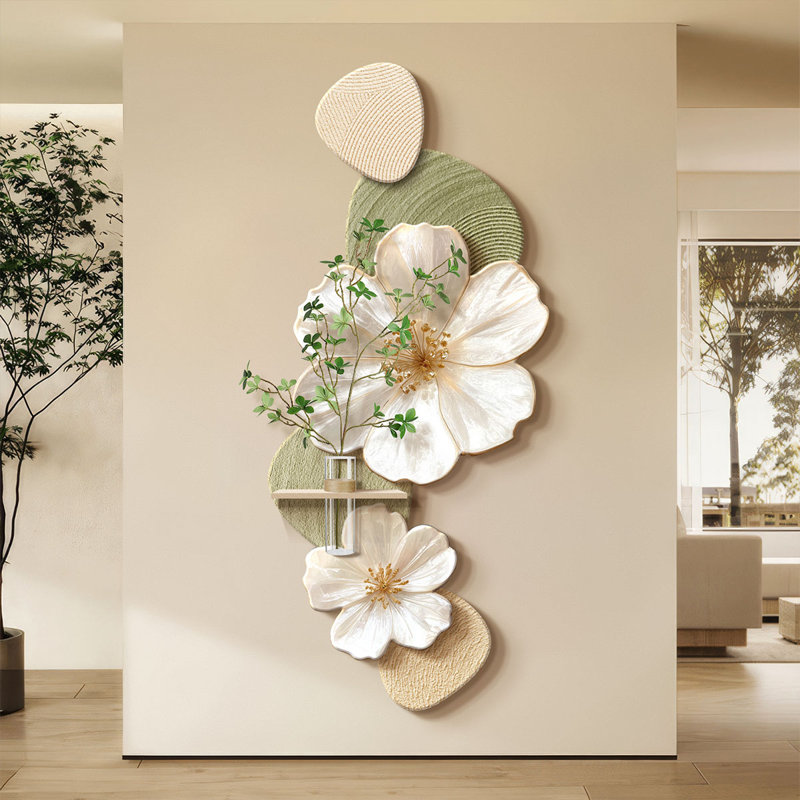 Art mural floral grès crémeux avec pot de fleurs hydroponique - décor de vestibule, H 47,24 po x l 21,26 po x P 0,98 po