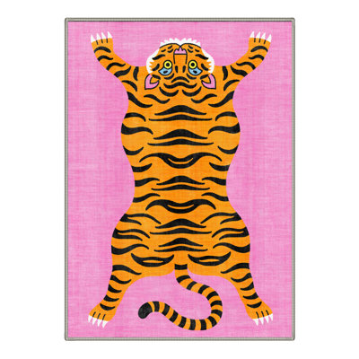 Tigris Animal Print Machine Washable Pink / Yellow / Black Indoor Area Rug with Non-Slip Backing