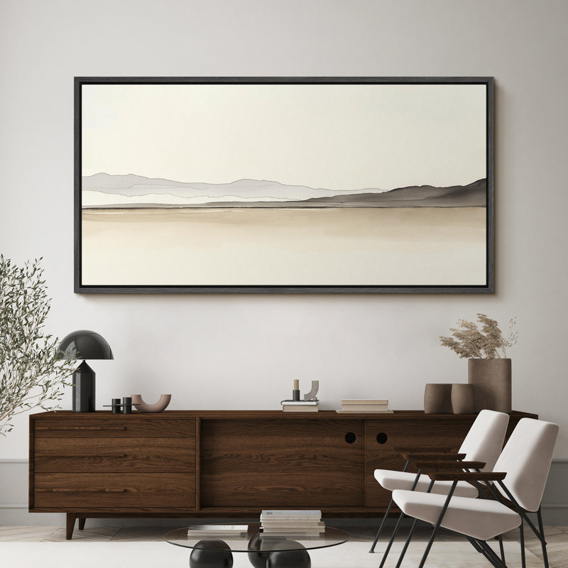 «Minimal Desert Horizon», impression sur toile encadrée - décor abstrait doux neutre, Noir, H 30 po x l 60 po