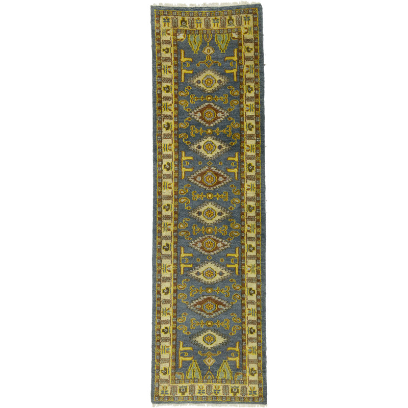 Tapis bleu / brun en laine noué à la main