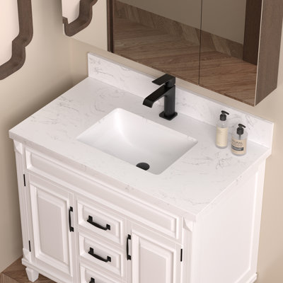 37.48 In.  Engineered Stone Vanity Top With Sink, White Marble Pattern Bathroom Countertop With Backsplash,(Vanity Base Not Included)