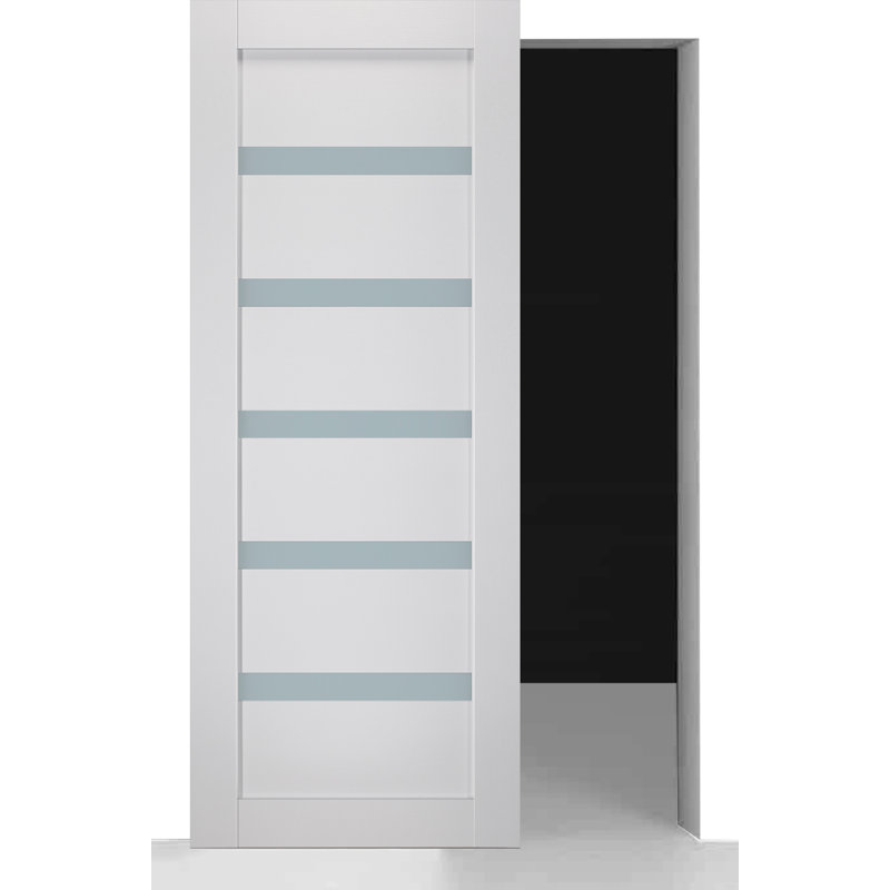 Porte de grange coulissante en bois manufacturé et en verre givré Leora, L 29,75 po x H 95,24 po, Blanc noble