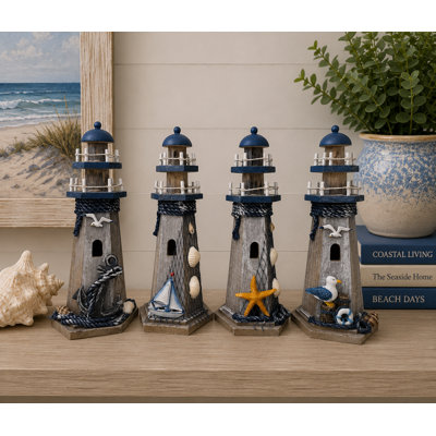 Ensemble de 4 phares rustiques assortis avec figurines décoratives nautiques