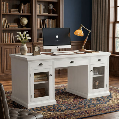 Modern Executive Desk with Glass Door Storage Cabinet and 3 Drawers, Rectangle Home Office Computer Desk Writing Table Workstation in White