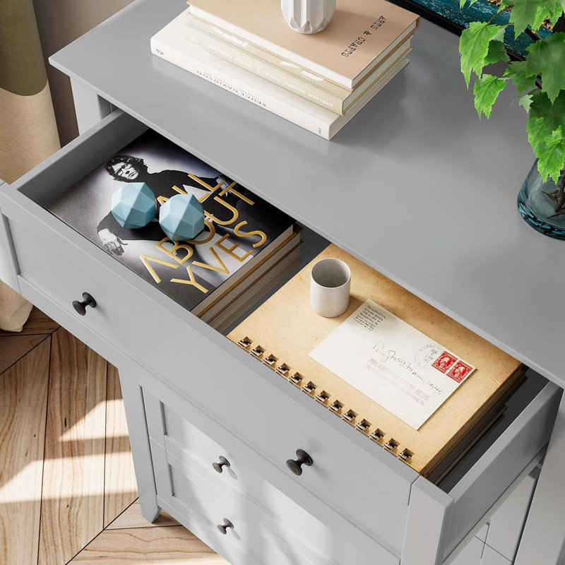 Commode haute 5 tiroirs gris pour chambre à coucher, commode en bois pour entrée, Gris