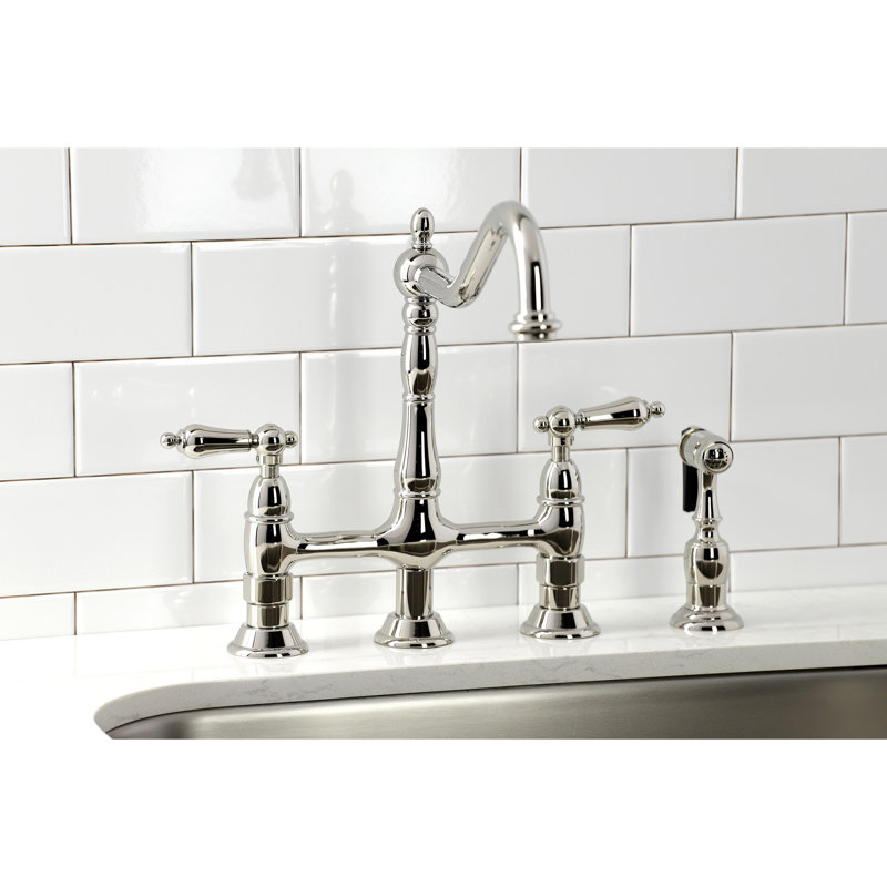 Kingston Brass Heritage Two-Handle 4-Hole Deck Mount Bridge Kitchen Faucet with Brass Side Sprayer, Polished Nickel