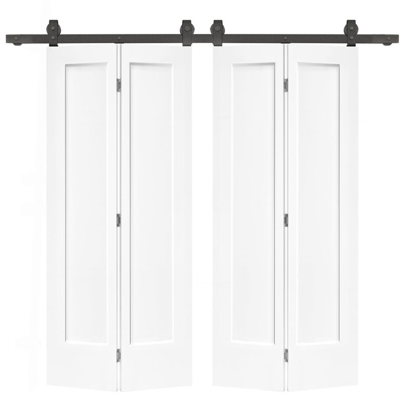 48 po X 80 po Porte de grange double pliante en panneau de fibres à densité moyenne apprêté 1 panneau avec ensemble de quincaillerie coulissante