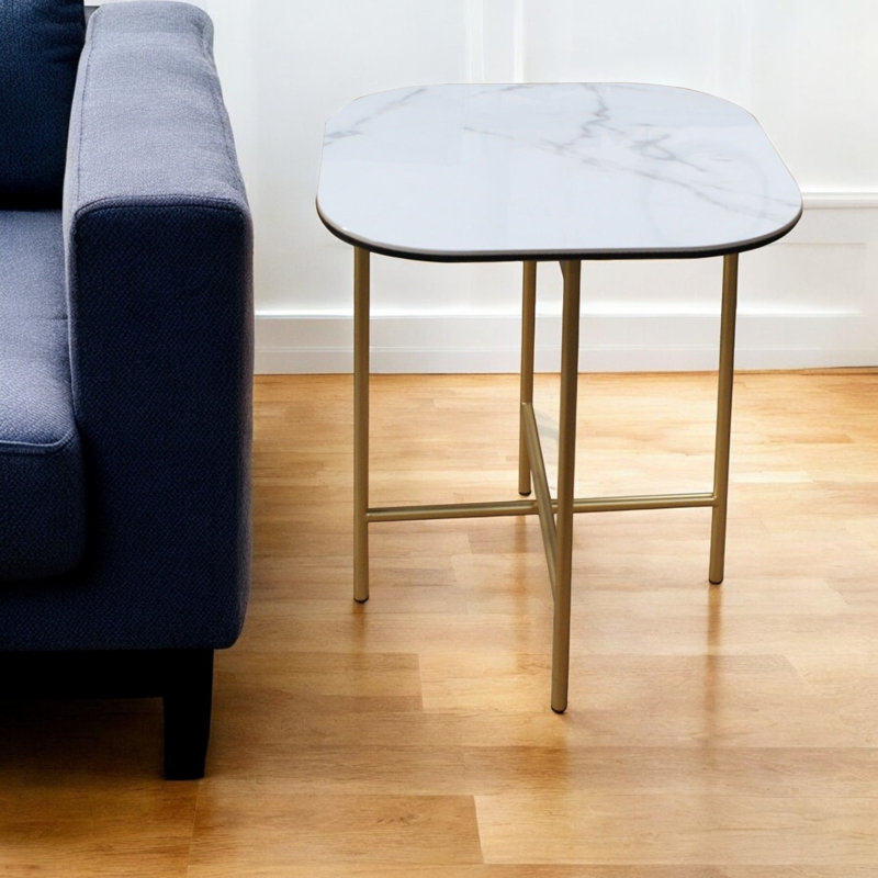 Table de bout carrée en céramique et métal 22 po blanc et or