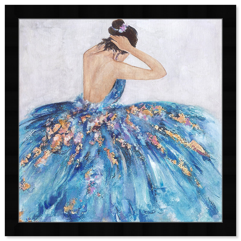 Bleu et festif - Peinture sur papier, Papier avec cadre noir, H 16 po x l 16 po