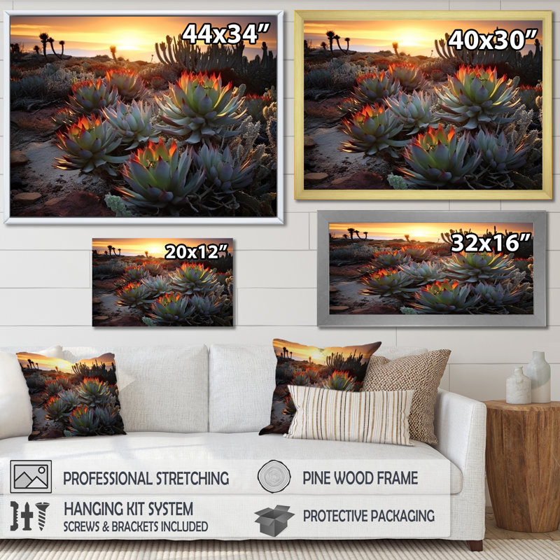 «Succulent Desert Cactus Field Burning Sunset III» - Art mural succulent, H 34 po x l 44 po x P 1,5 po, Encadrement argenté