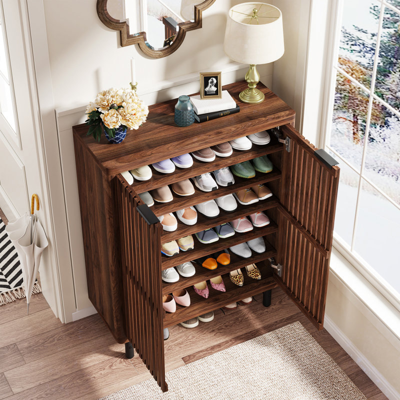 24 Pair Walnut Shoe Storage Cabinet with Louvred Doors, Brown