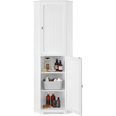 Tall Corner Storage Cabinet, Modern Farmhouse Organizer with 2 Slat Doors and 4 Adjustable Shelves, White