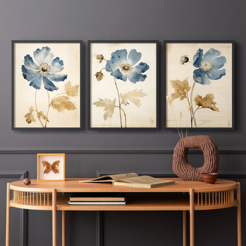 Étude florale XXI - ensemble de 3 estampes numériques - prêt à être accroché, Noir, noir, noir, noir, H 20 po x l 48 po