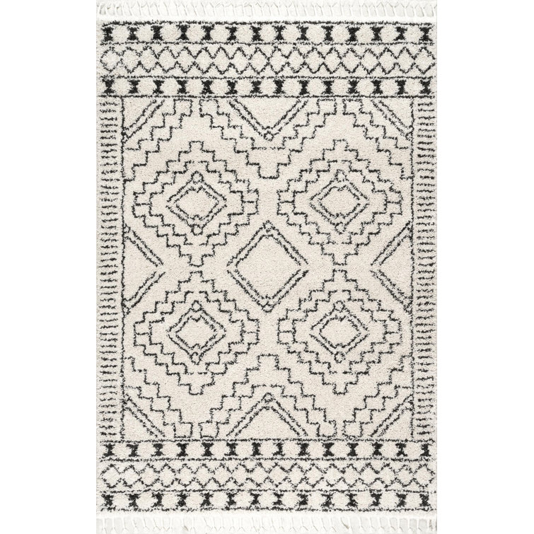Adry Moroccan Shag Tasseled Cream/Charcoal Area Rug